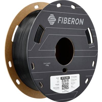 3D printer filament spool from Fiberon, model PETG-ESD. Spool contains 750 g of black filament. Label with QR code and print settings.