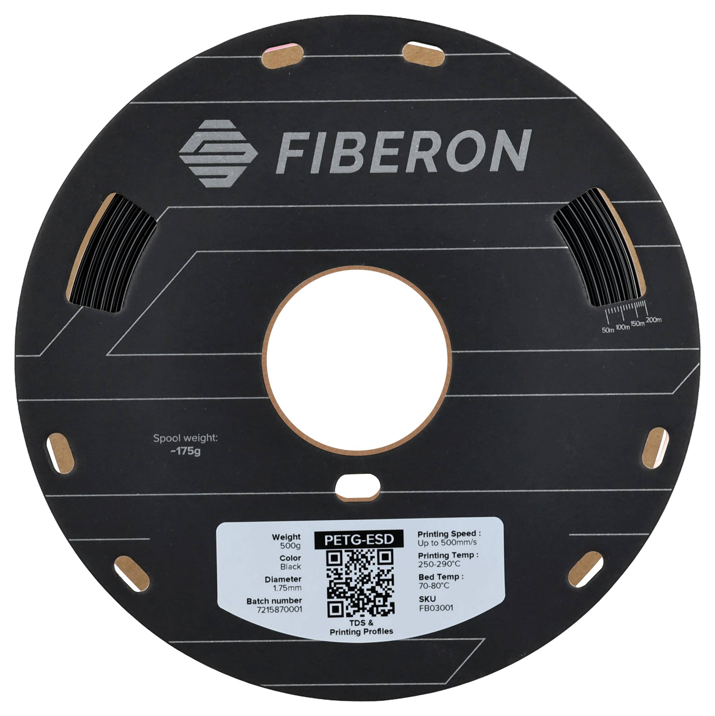 A black spool with PETG-ESD filament from 'FIBERON'. Label shows weight, color, diameter, printing temperature and article number.