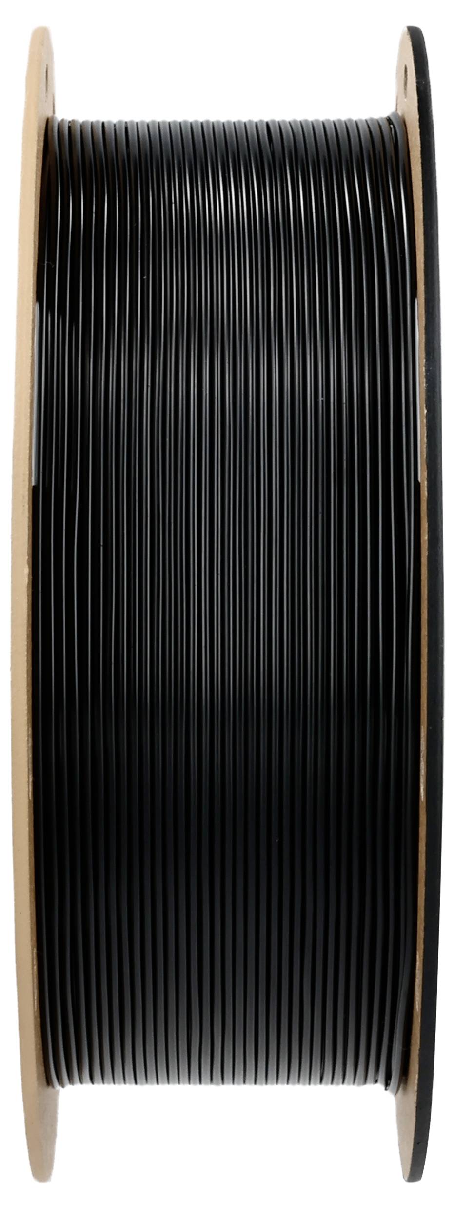 Black plastic filament spool for 3D printer, positioned vertically.