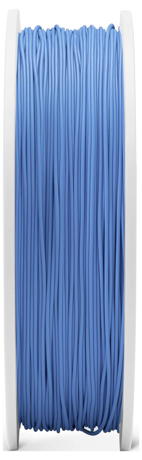 A white spool with blue cord that is tightly wound from top to bottom.