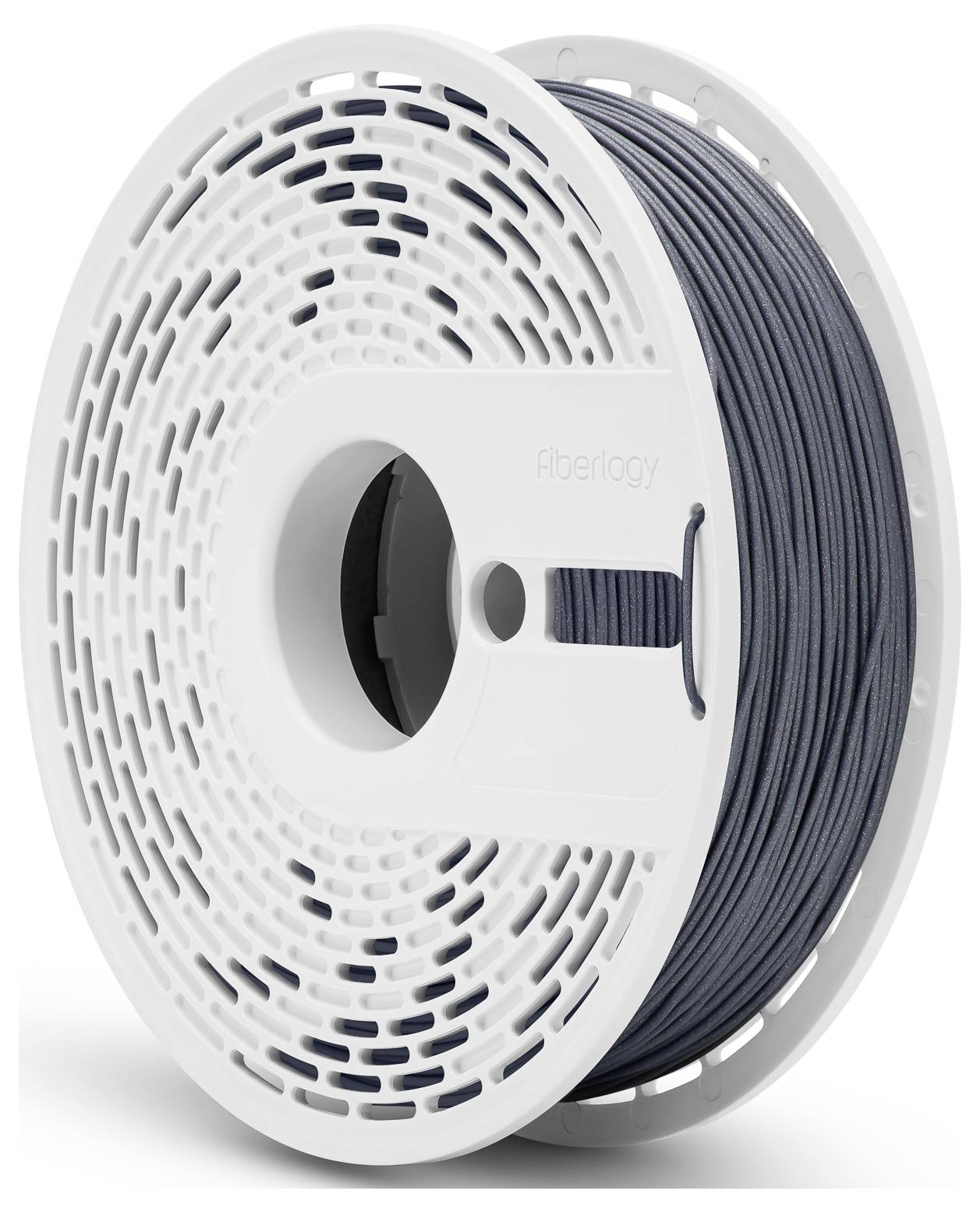 A white spool with dark gray 3D printer filament, on which the word 'fiberlogy' can be seen.