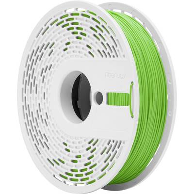 A white plastic spool with green 3D printer filament from Fiberlogy, wound up and ready for use.