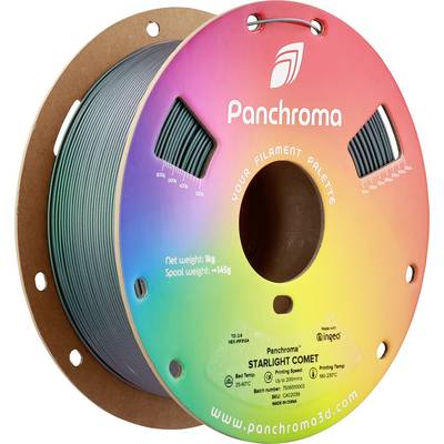 Spool with green 3D printer filament from Panchroma. Label shows logo, weight 1 kg, net weight 145 g, gradient background.