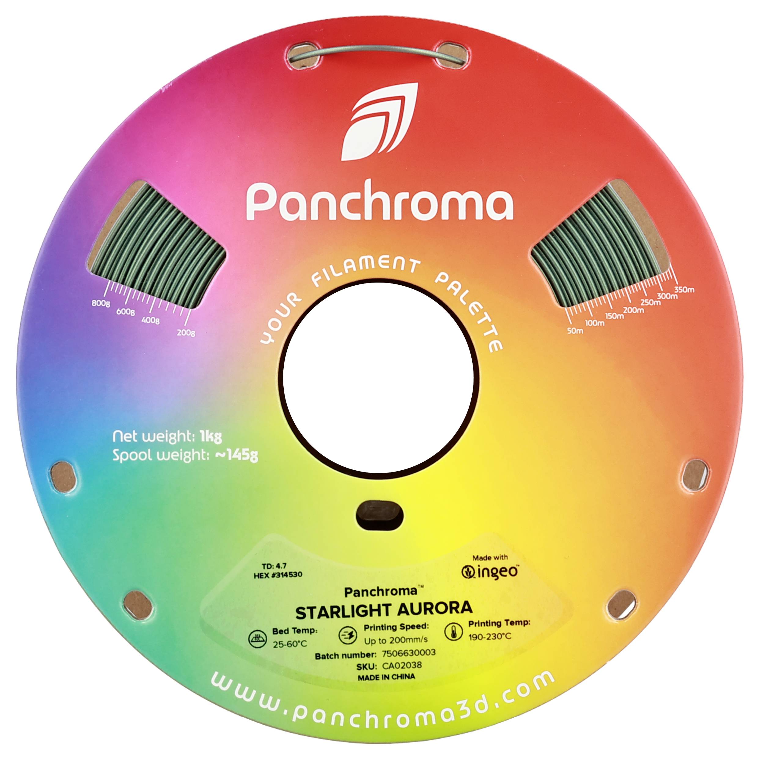 A round spool with rainbow-colored packaging, labeled 'Panchroma Starlight Aurora', contains 1 kg of 3D printing filament.