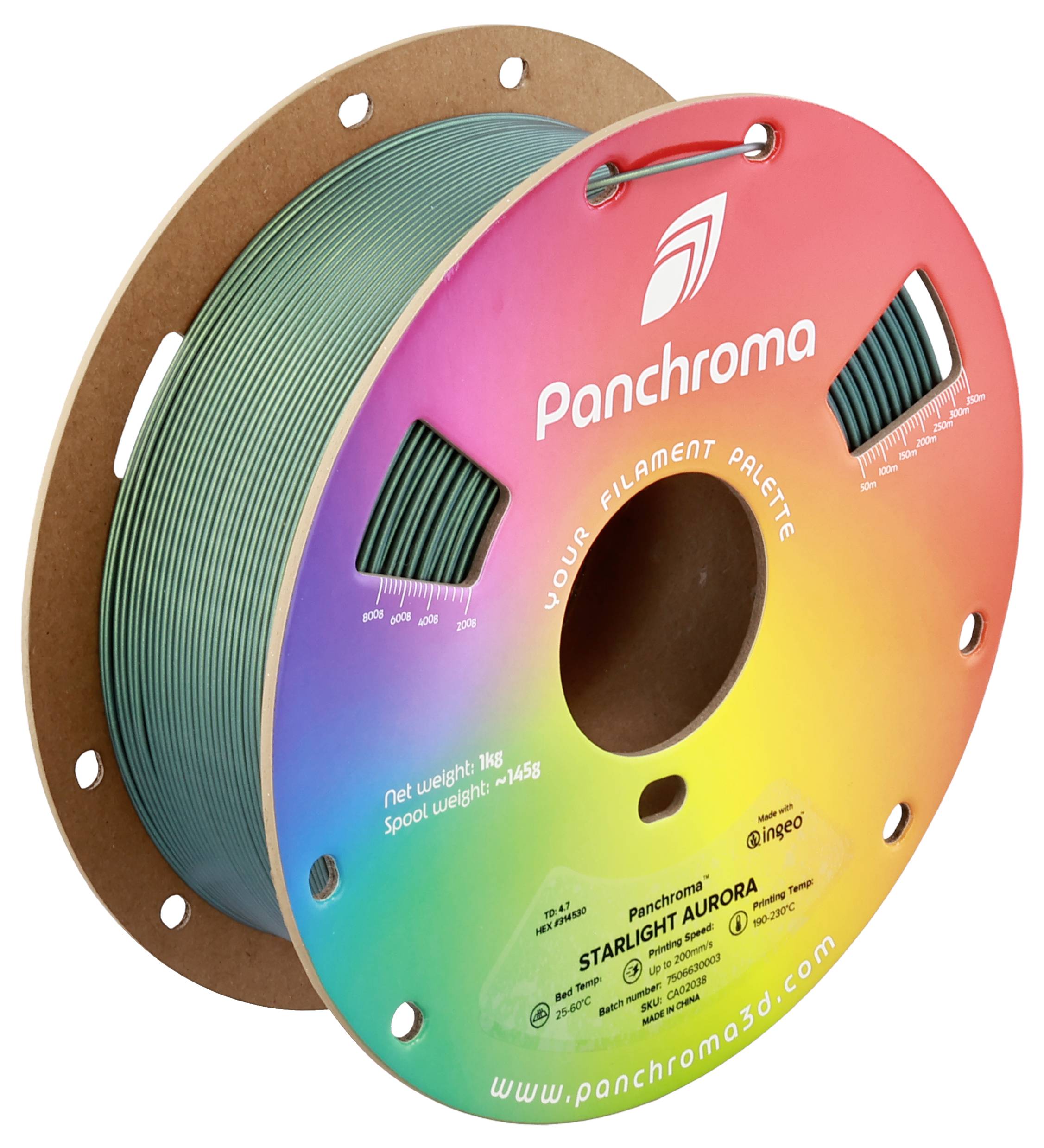 Spool with colorful 3D printer filament, brand Panchroma, model 'Starlight Aurora', weight 1 kg, on cardboard core.