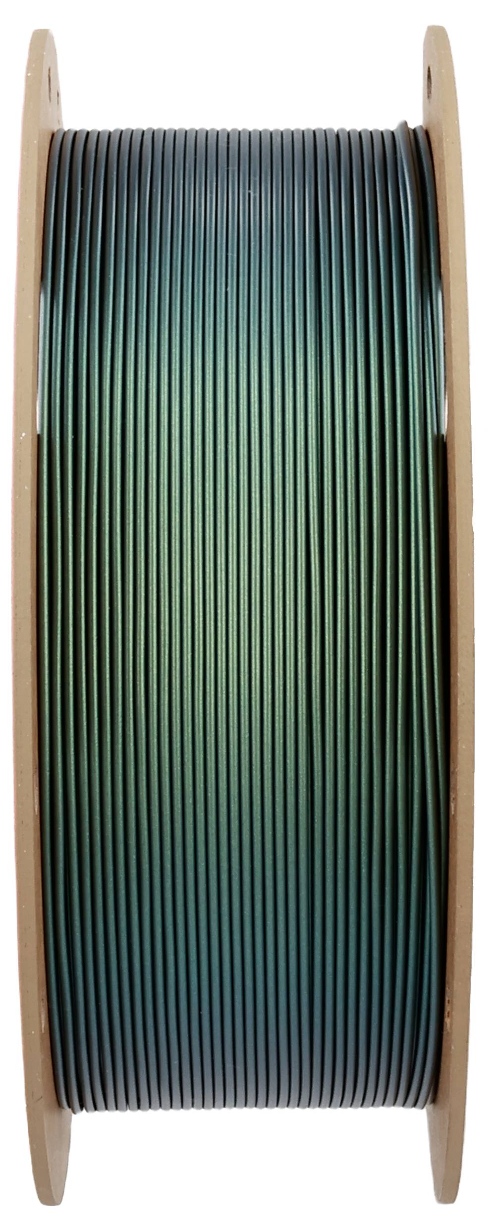 A spool of green filament used for 3D printing. The thread is wound on a brown spool.