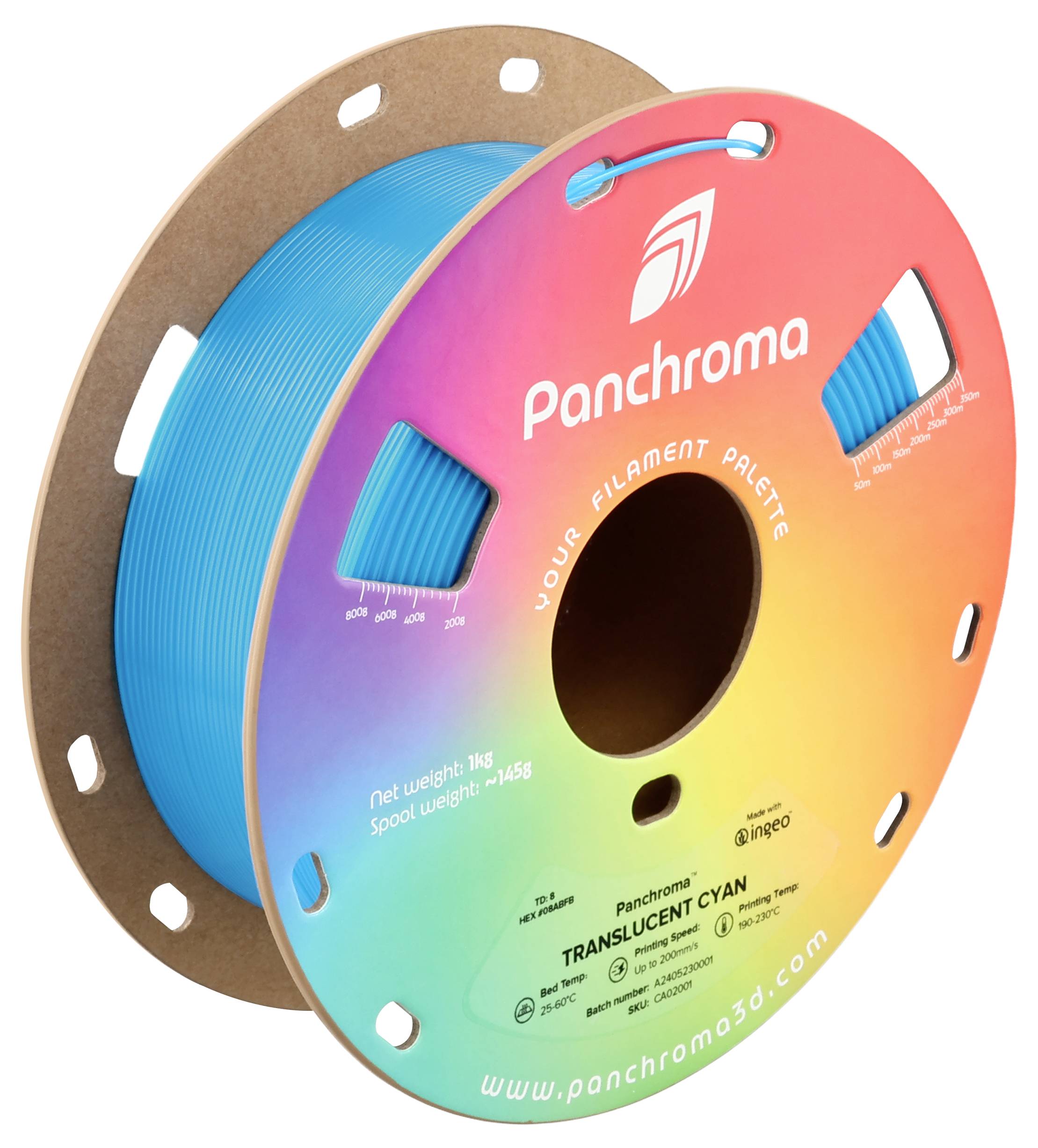 3D printer filament spool in glossy cyan, Panchroma brand, weight 1kg. Rainbow-colored packaging with visible product information.