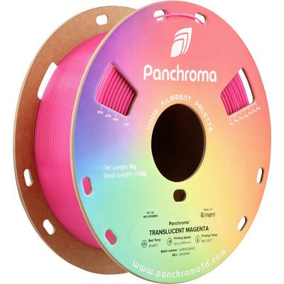 A roll of 3D printer filament in 'Translucent Magenta' from Panchroma. Net weight 1 kg, eye-catching rainbow packaging.