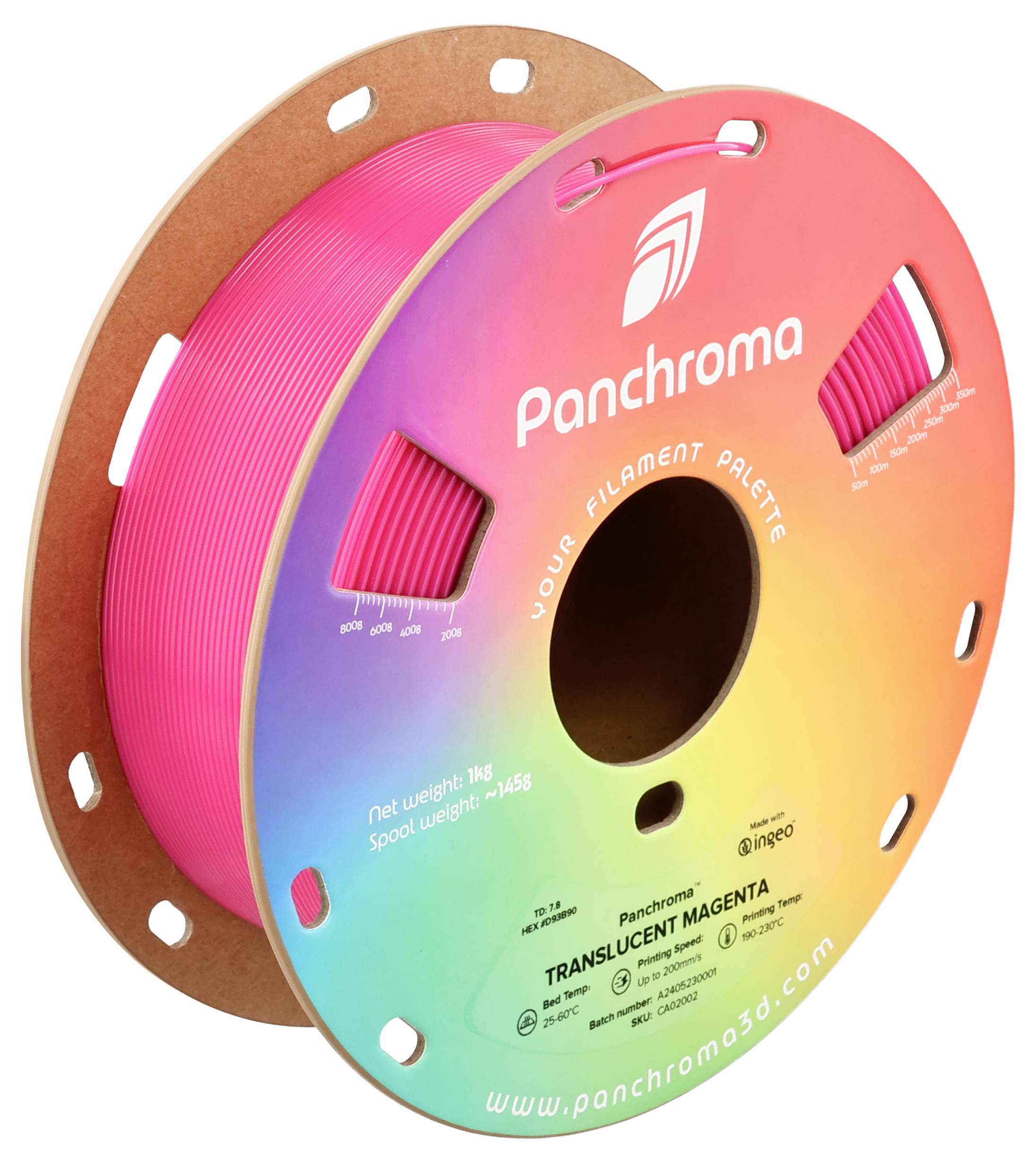 Spool with pink 3D printing material from the Panchroma brand, labeled 'Translucent Magenta', net weight 1 kg.