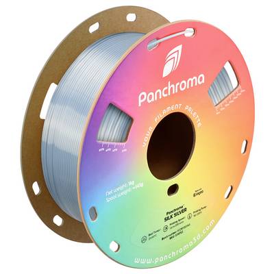 A spool of silver-colored 3D printer filament from Panchroma. Contains 1 kg of filament. The packaging is colorfully designed.