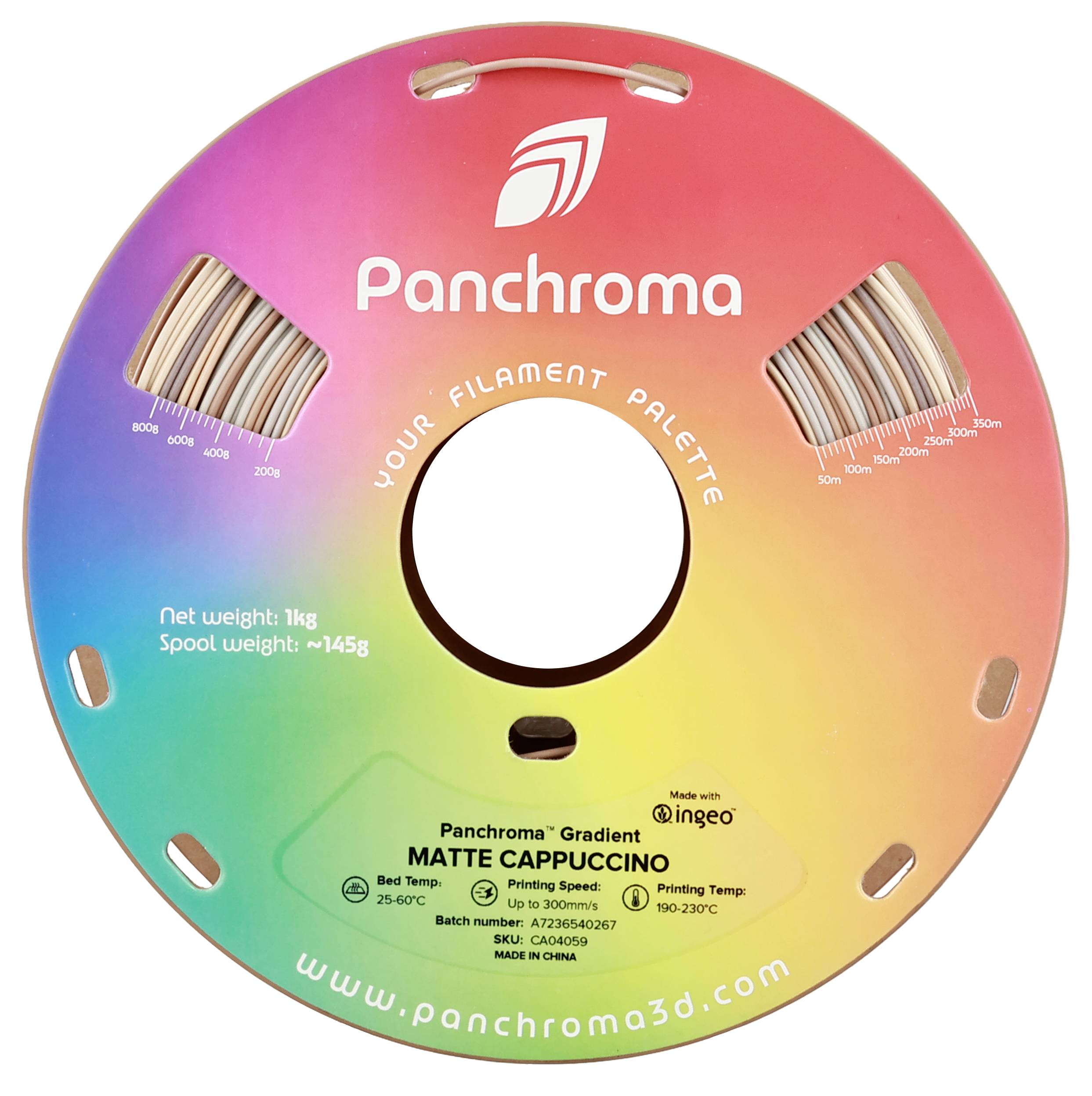 3D printer filament spool with rainbow gradient. Label: Panchroma Matte Cappuccino, Filament 1kg, Spool weight ~145g.