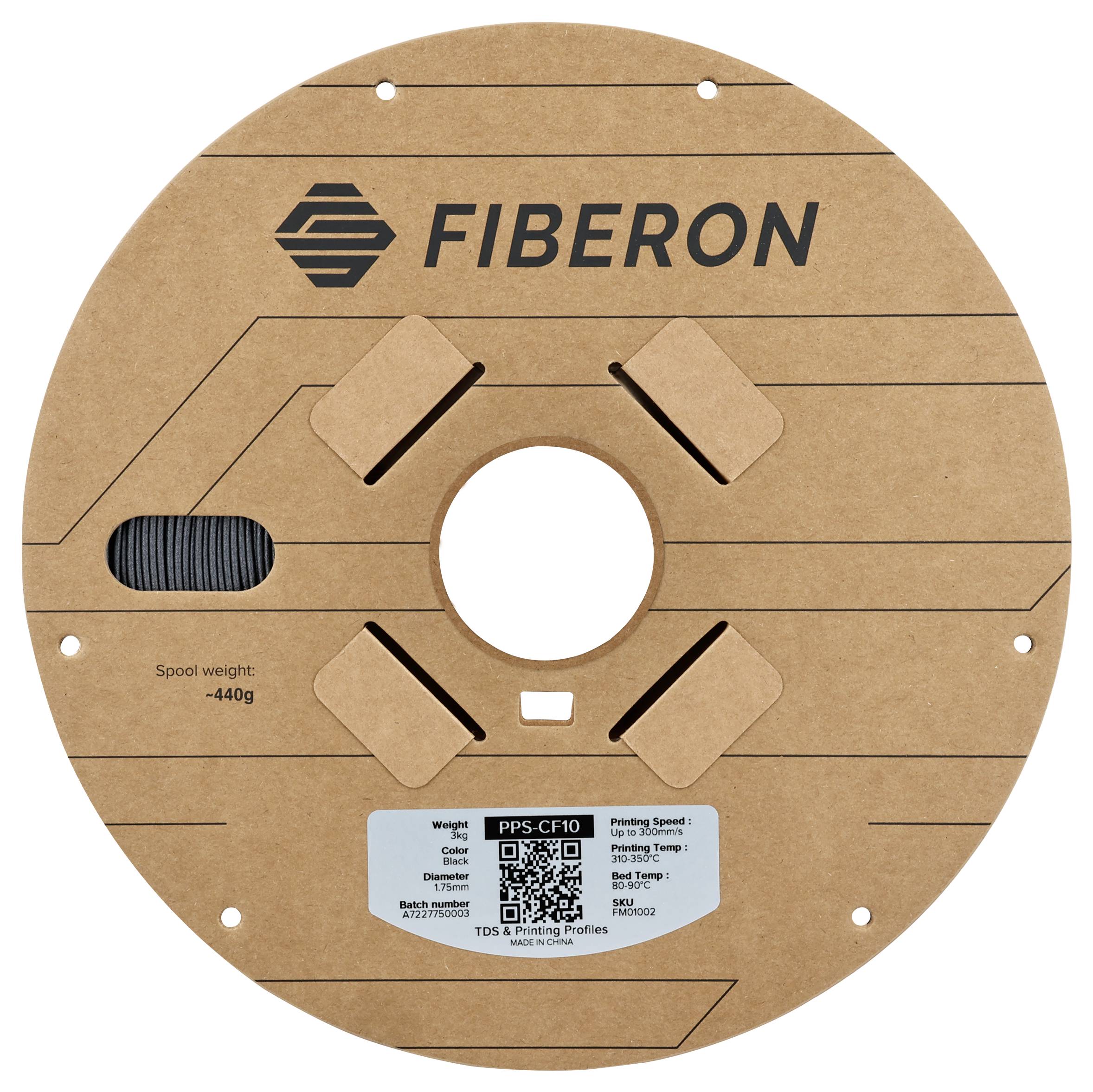 A spool of FIBERON, model PPS-CF10, made of brown cardboard with printed logo. Sticker with technical details and QR code.
