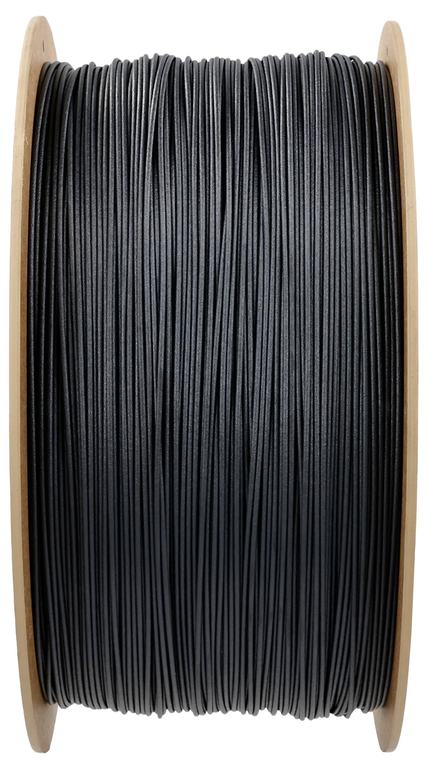 A large spool with black filament that is commonly used in 3D printing.