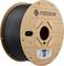 Black filament spool from 'Fiberon' with printing. Weight: 440g. Label on the spool shows QR code and material specifications.