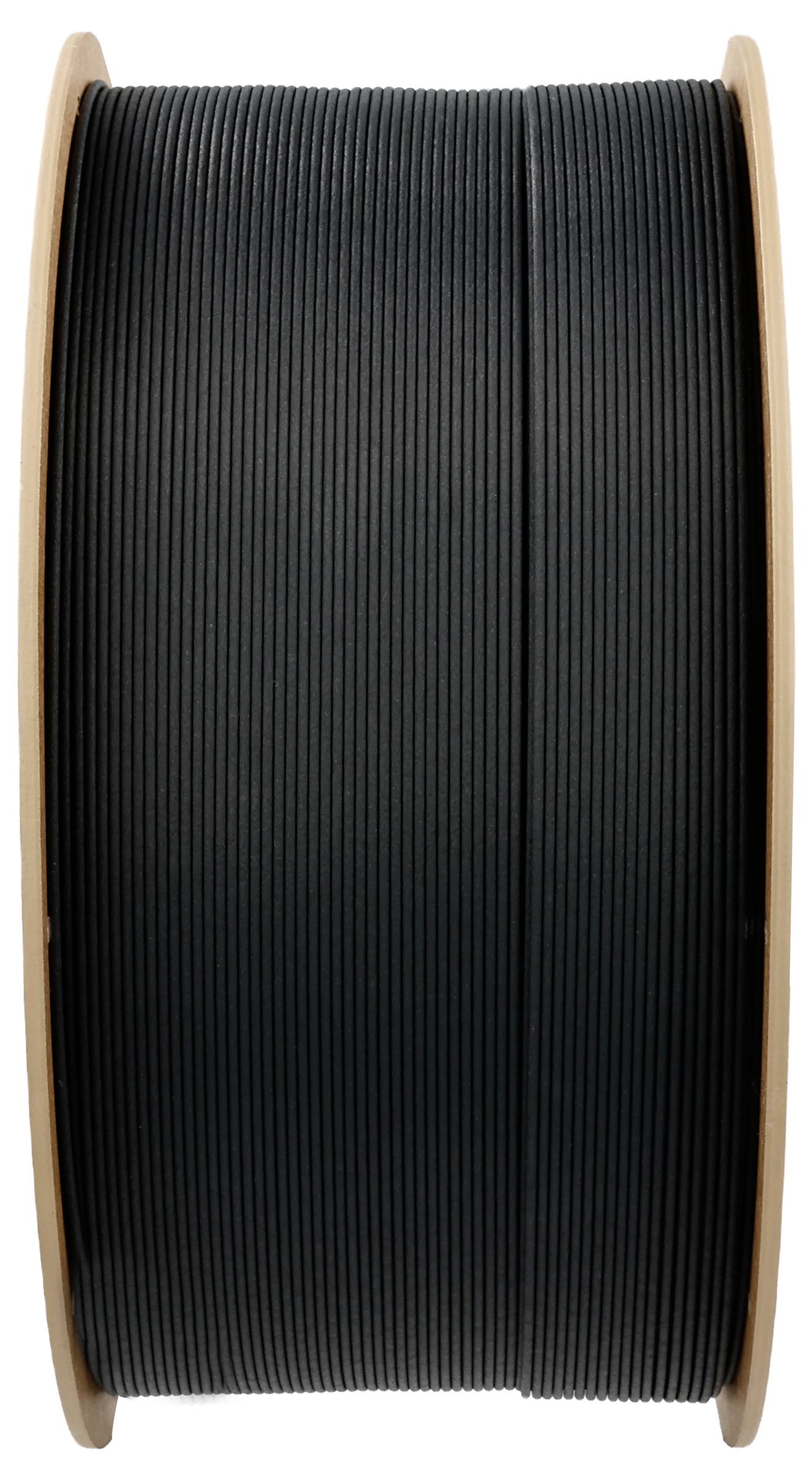 Black plastic filament spool for 3D printer, photographed vertically on a wooden spool. Suitable for numerous printing applications.