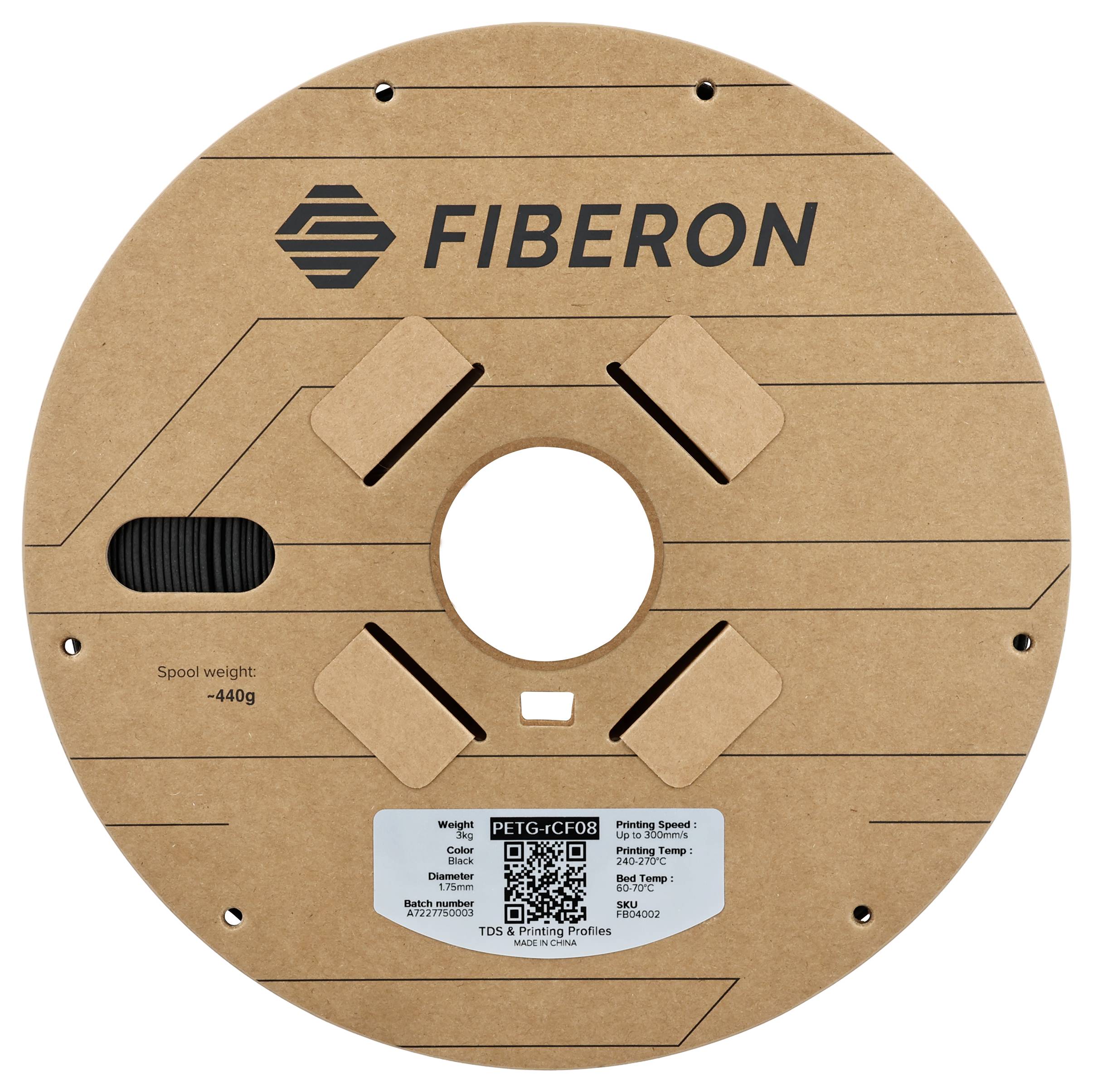 Spool with label 'FIBERON', 440g, contains filament. QR code and technical details such as weight, print speed and temperature visible.