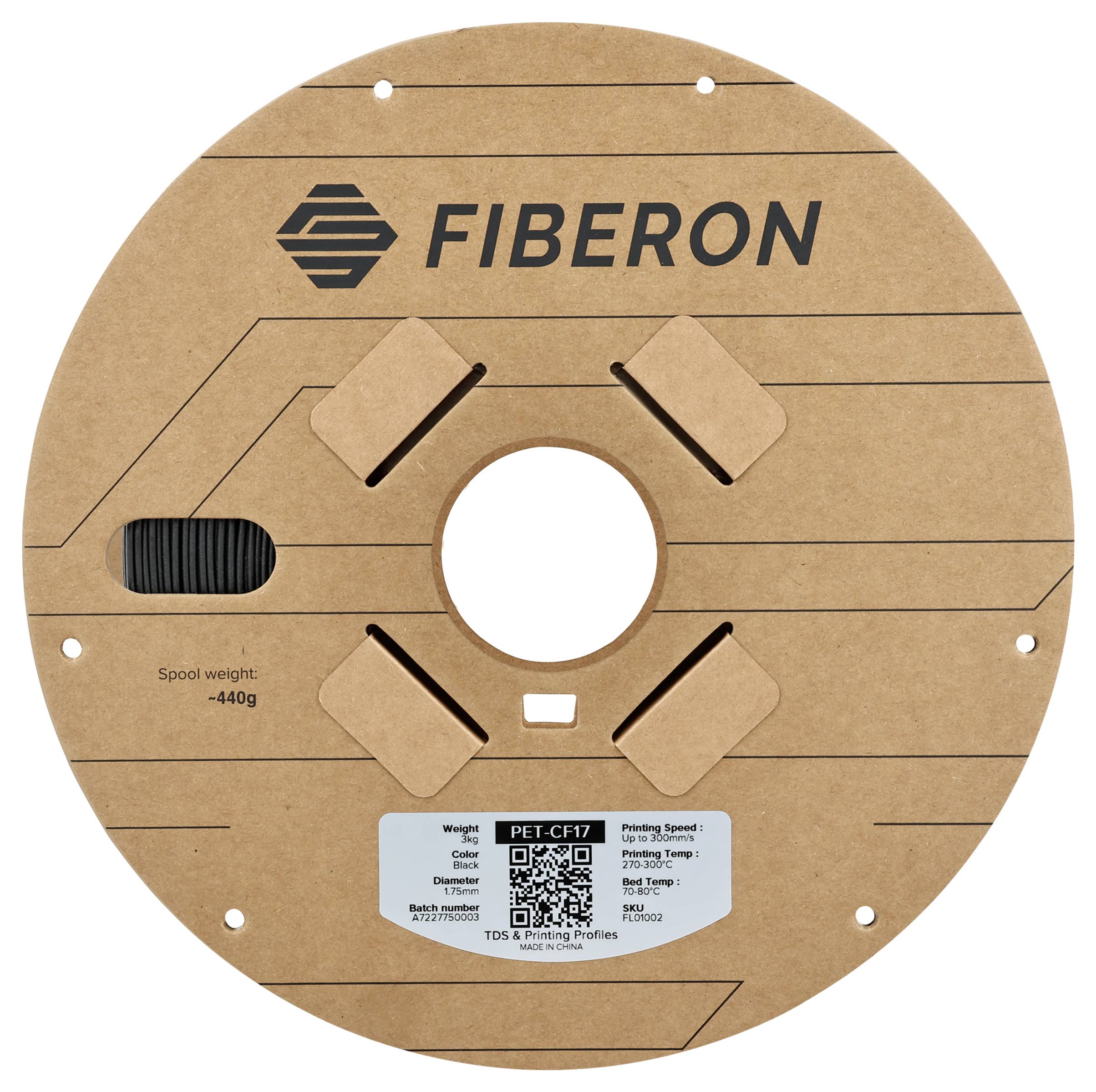 Round thread spool with the imprint 'FIBERON'. Sticker shows material PET-CF17, weight 440g and QR code.