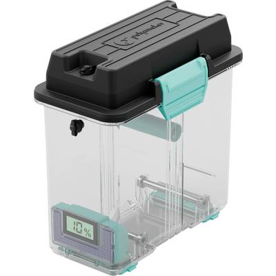 Plastic container with transparent housing, black lid and turquoise accents. A digital display shows '10%'.