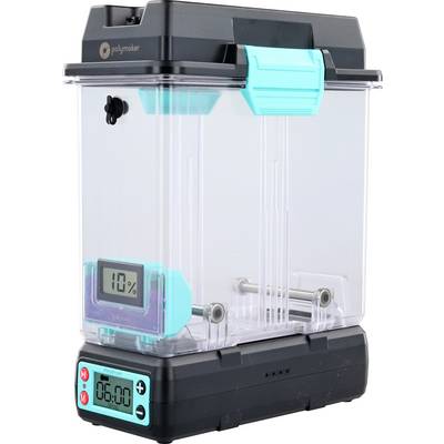 A transparent container with digital display shows 10%. The container has turquoise details and is made of plastic.