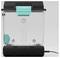 A transparent, rectangular container with a black lid and turquoise elements stands on a black base with cable connection.