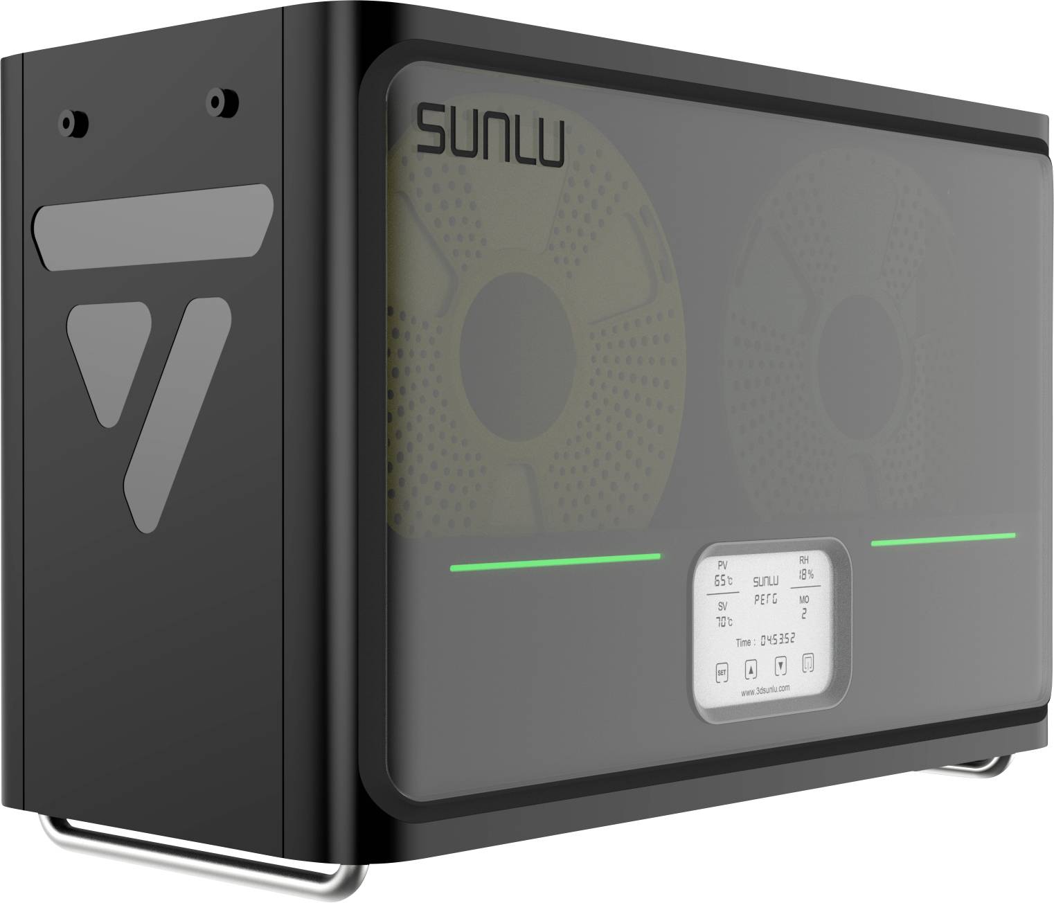 3D-printed device box in black with two visible fans; display shows temperature and humidity values.