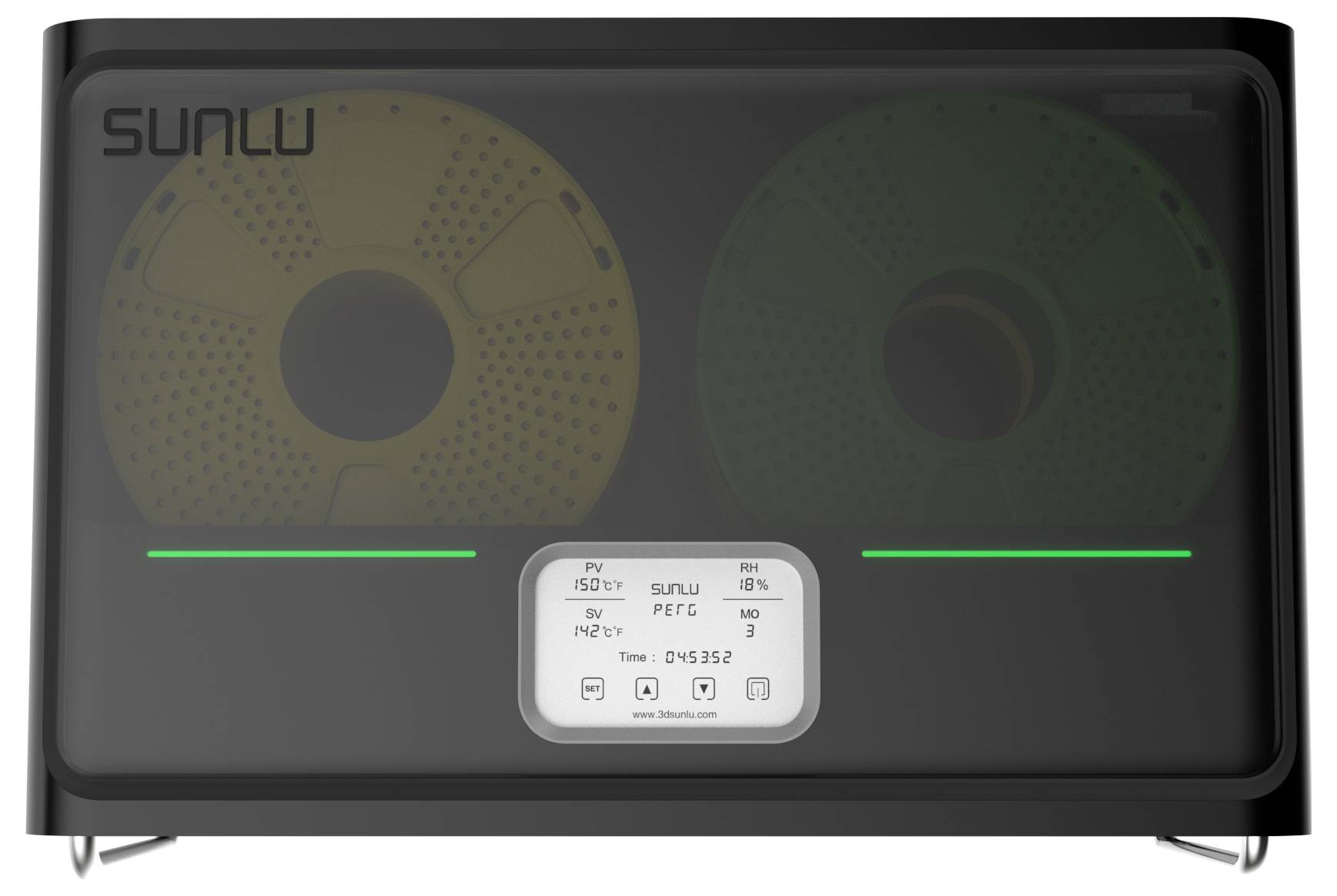 Enclosed 3D printer from Sunlu with two inserted filament spools and a digital display showing temperature and time information.