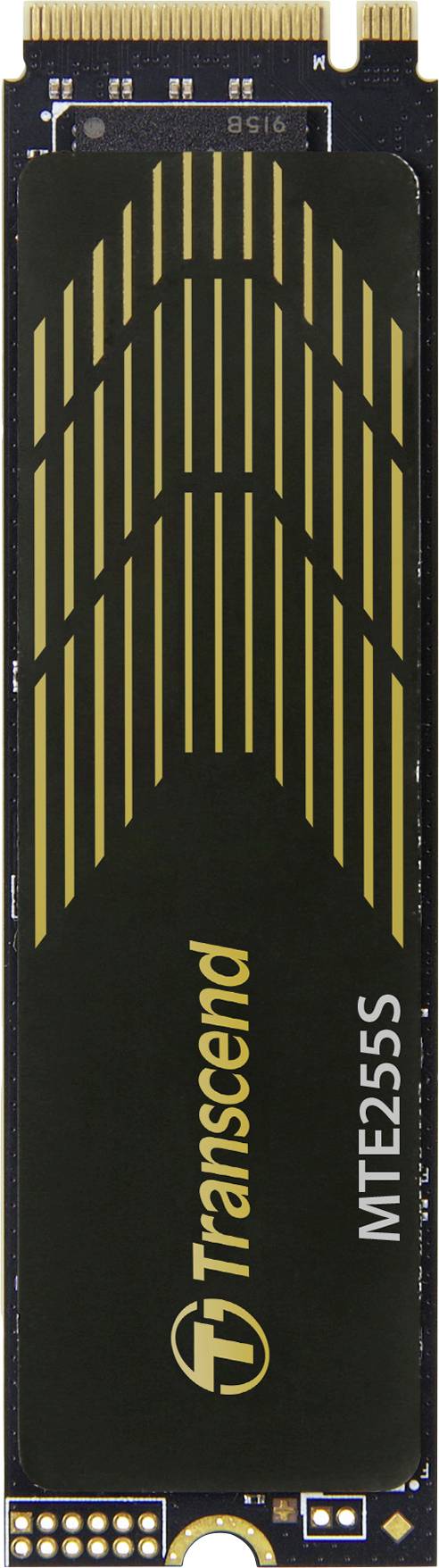 A black SSD from Transcend with the model number 'MTE255S' and gold lettering, suitable for high-speed data storage.