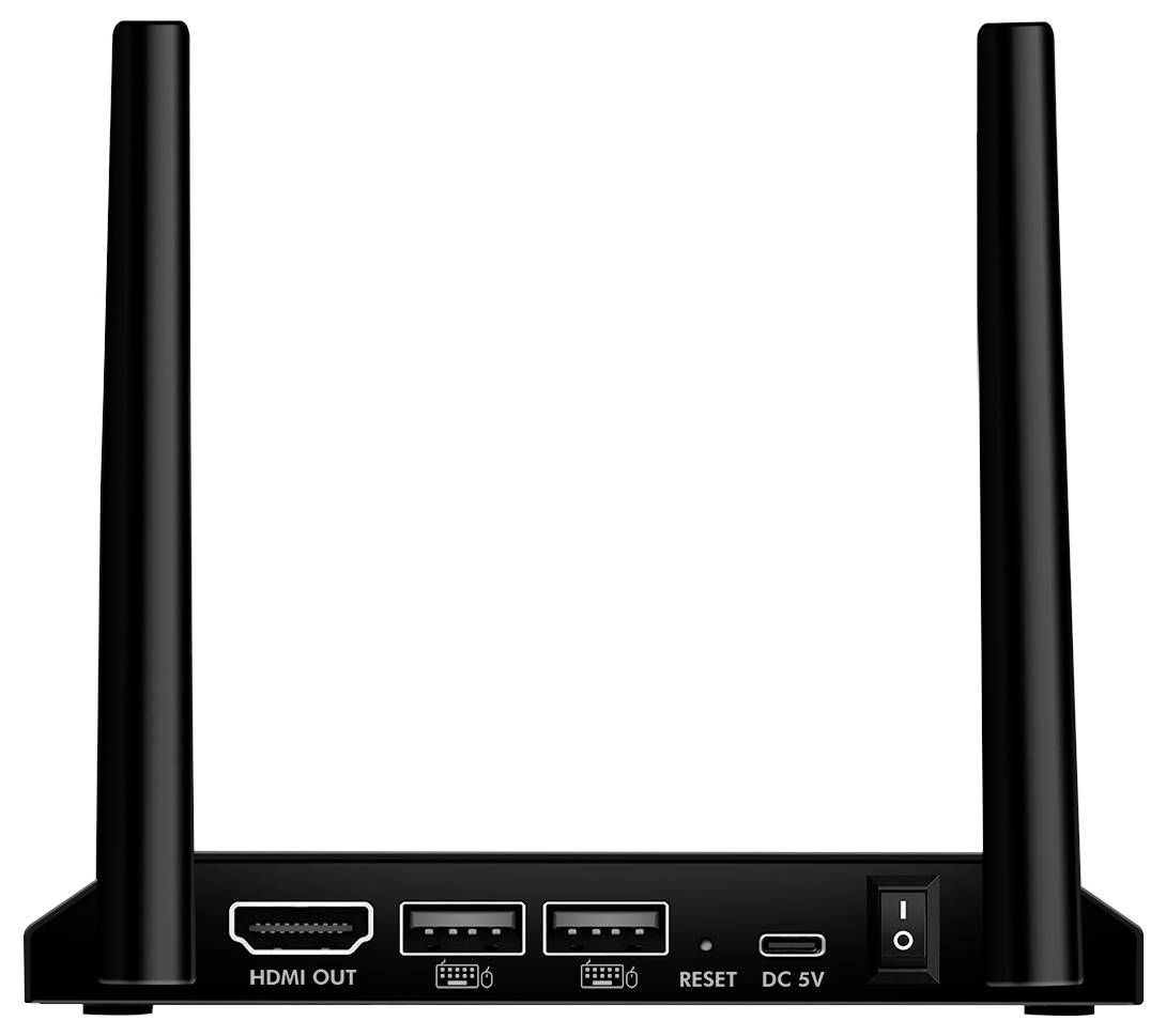 A black router with two antennas. The back shows connections: HDMI, two USB ports, reset button and power connector.