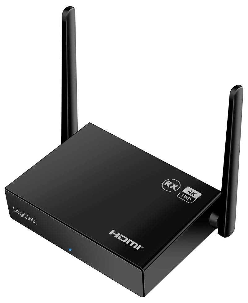 A black LogiLink HDMI receiver with two antennas and the labels '4K UHD' and 'RX'.