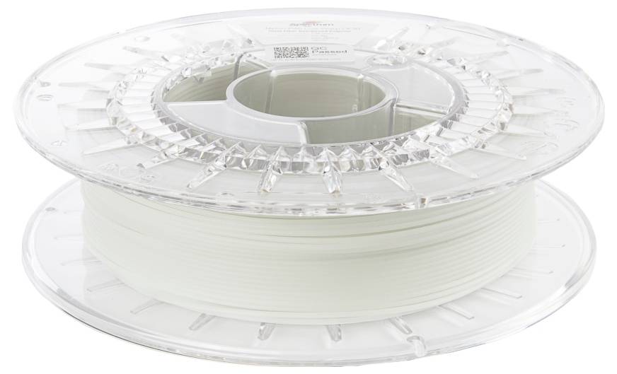 3D printer plastic filament spool, white color, mounted on transparent holder.