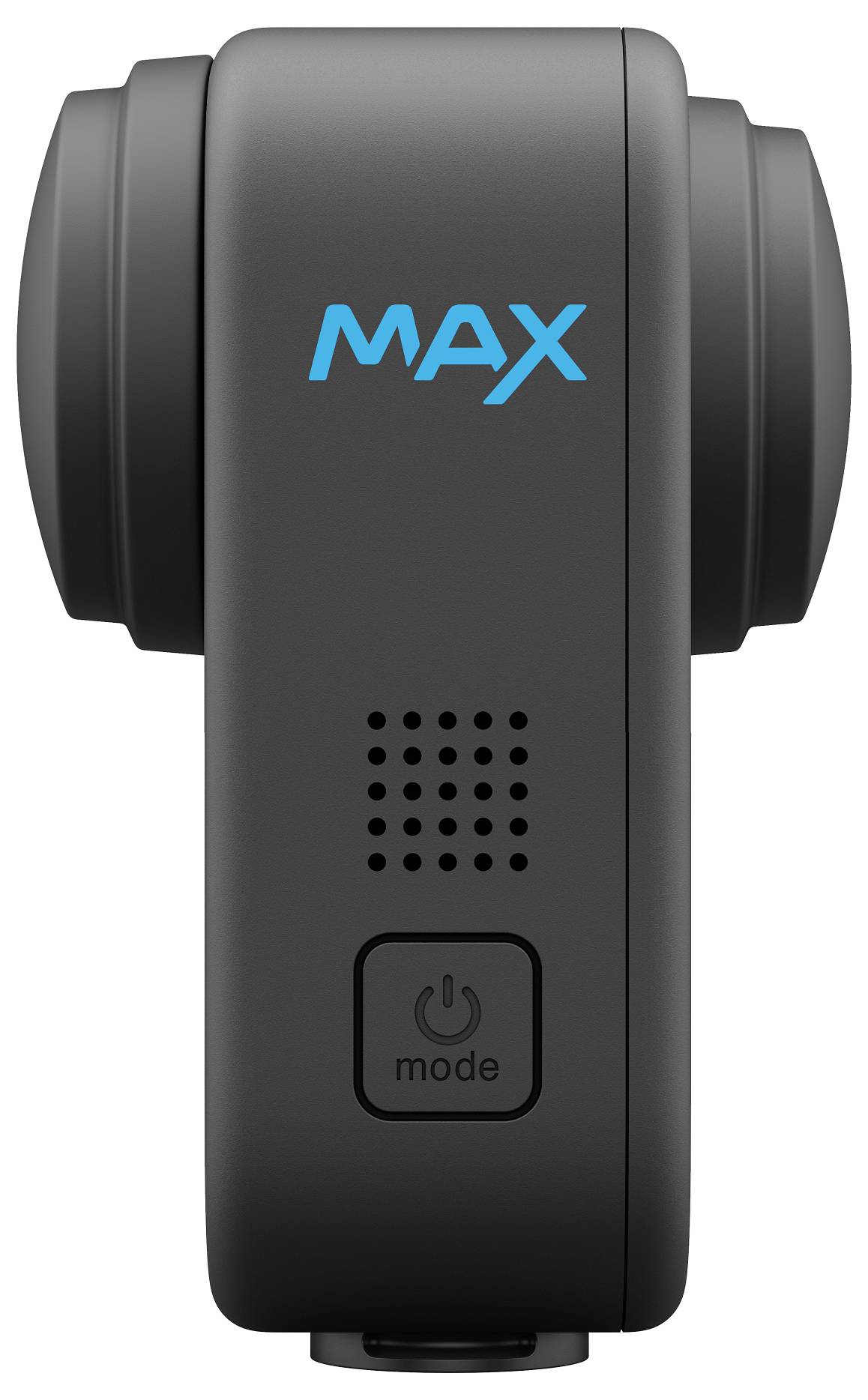 Black camera with the 'MAX' lettering in blue on the front and a mode dial underneath, developed for 360-degree recordings.