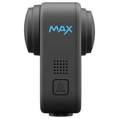 Black camera with the 'MAX' lettering in blue on the front and a mode dial underneath, developed for 360-degree recordings.