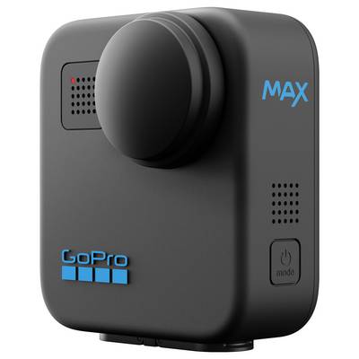 Black GoPro Max camera with blue logo, modular design, front lens and side mode button.