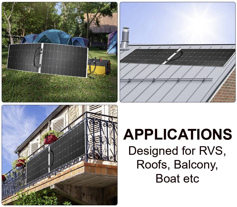'Solar panels on diverse surfaces: ground near tents, house roof, balcony. Applications: RVs, roofs, balconies, boats.'