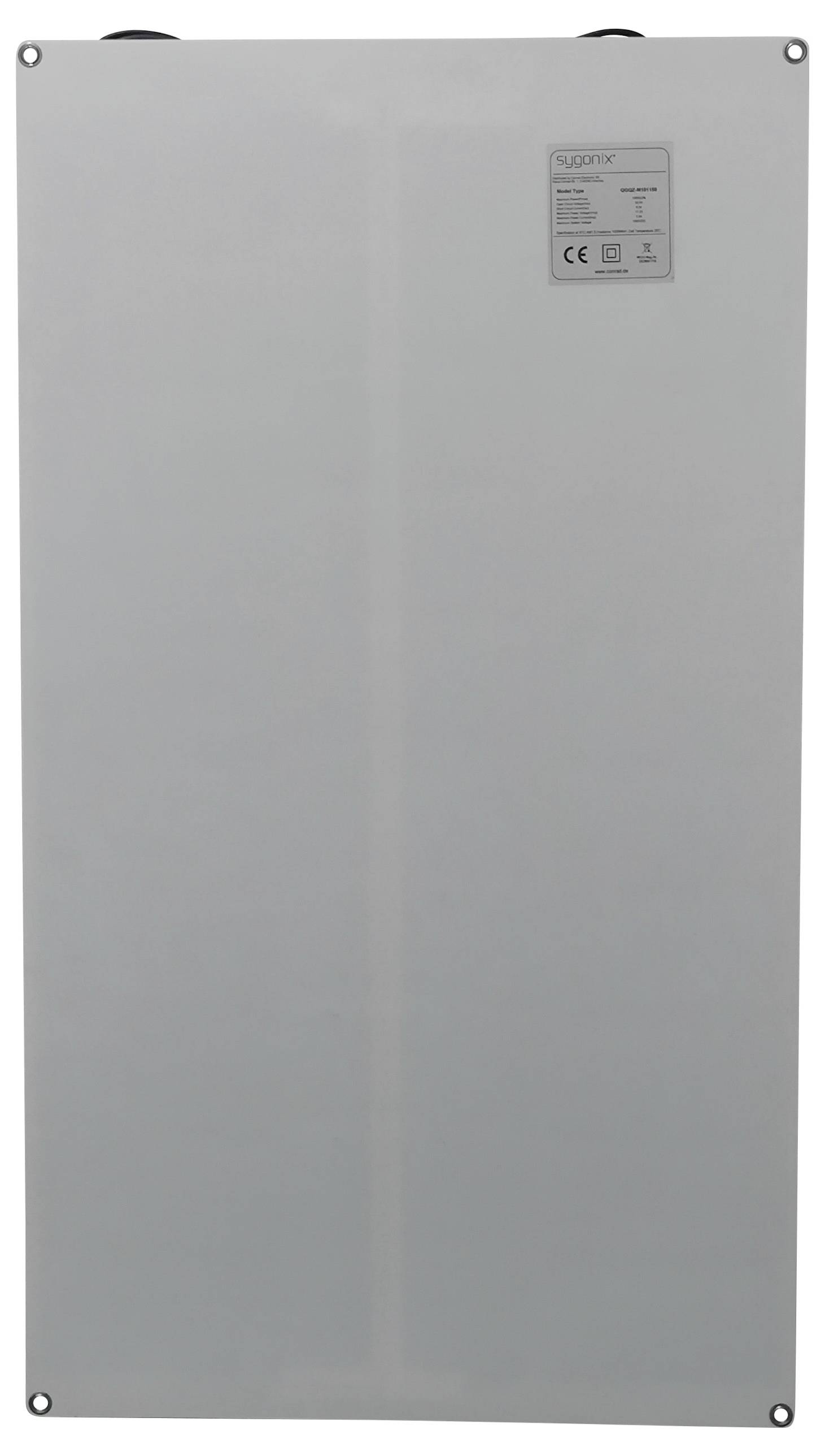 A rectangular, metallic technical device with a label in the top right corner displaying technical specifications.