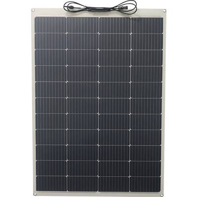Solar panel with a rectangular arrangement of dark cells and a light-coloured frame, cable at the top. Used for generating renewable energy.