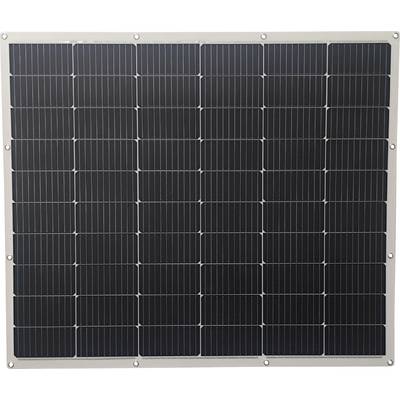 A rectangular solar panel with several black, square cells, framed by a white border, is used for electricity generation.