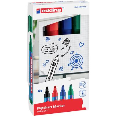 Packaging for Edding Flipchart Marker, showing four pens in different colours with the text 'Does not bleed through the paper'.