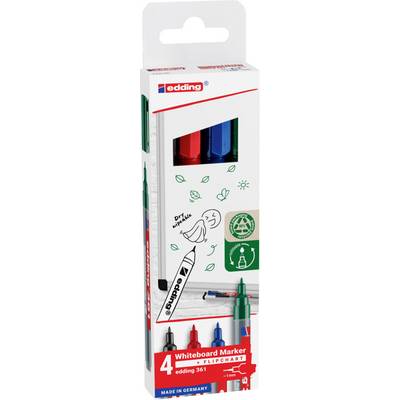 Packaging containing four edding whiteboard markers in Black, Blue, Red and Green. Suitable for flipcharts, manufactured in Germany.