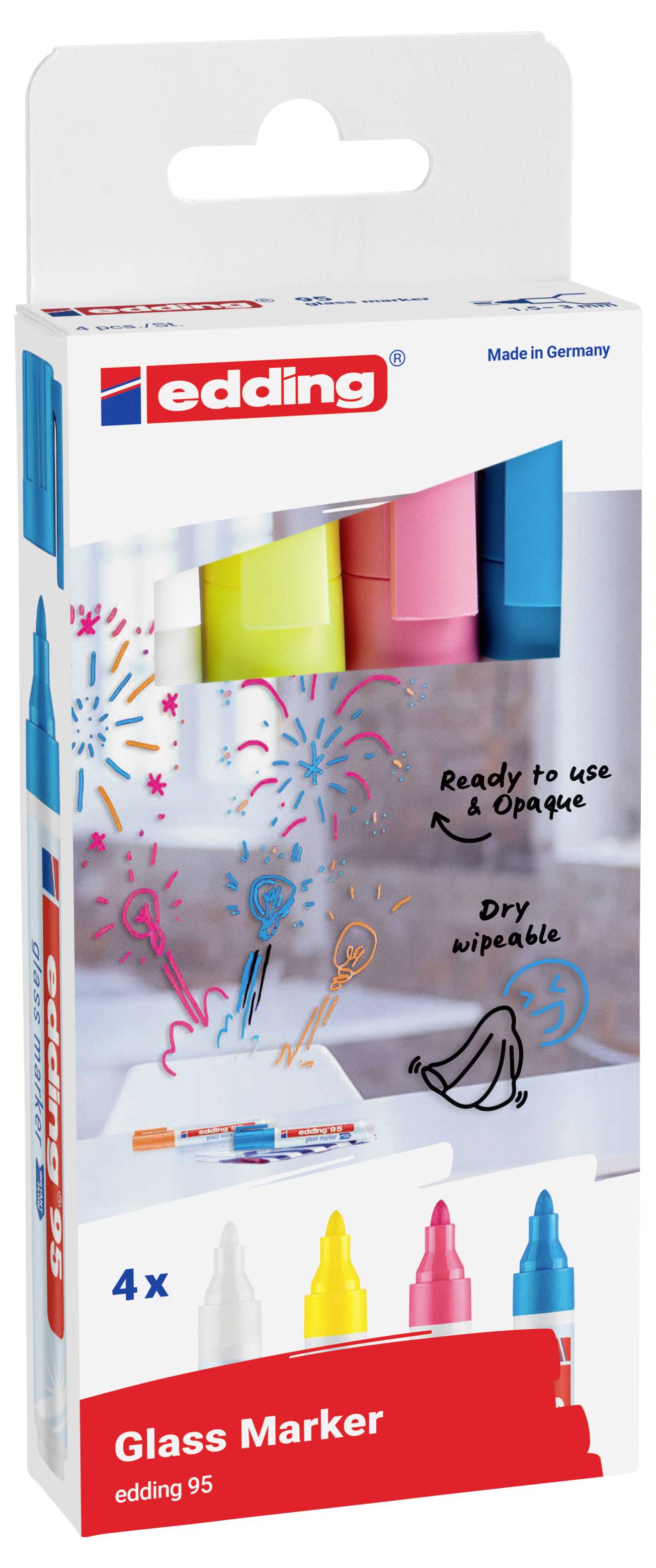 Packaging for edding 95 glass markers, 4-pack of white, yellow, pink, and blue pens; ready to use, opaque, dry wipeable.