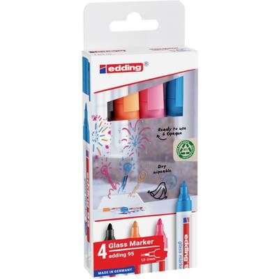 Four coloured glass markers in a pack. Colours: Red, Orange, Blue, Pink. For smooth surfaces, easily erasable.