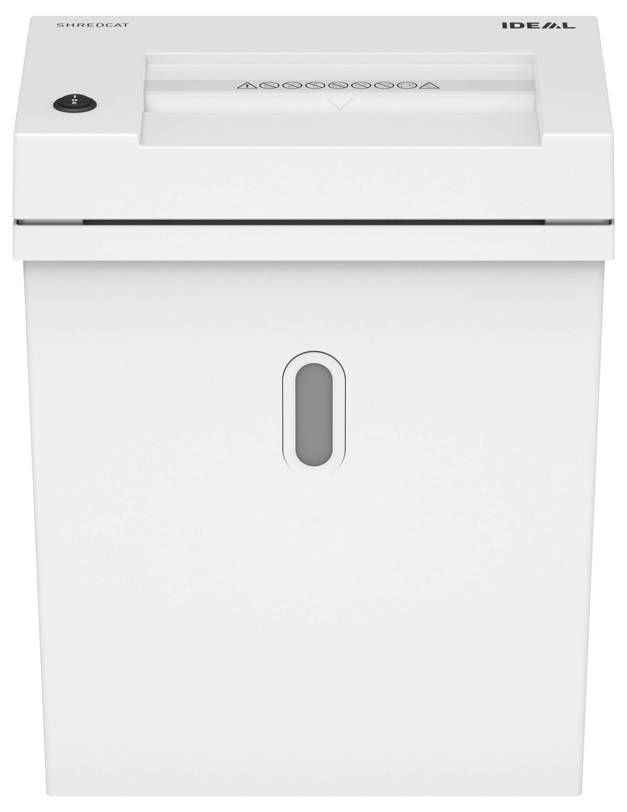 A white paper shredder sits on a table. It has a black button on the top left and a viewing slot in the centre.