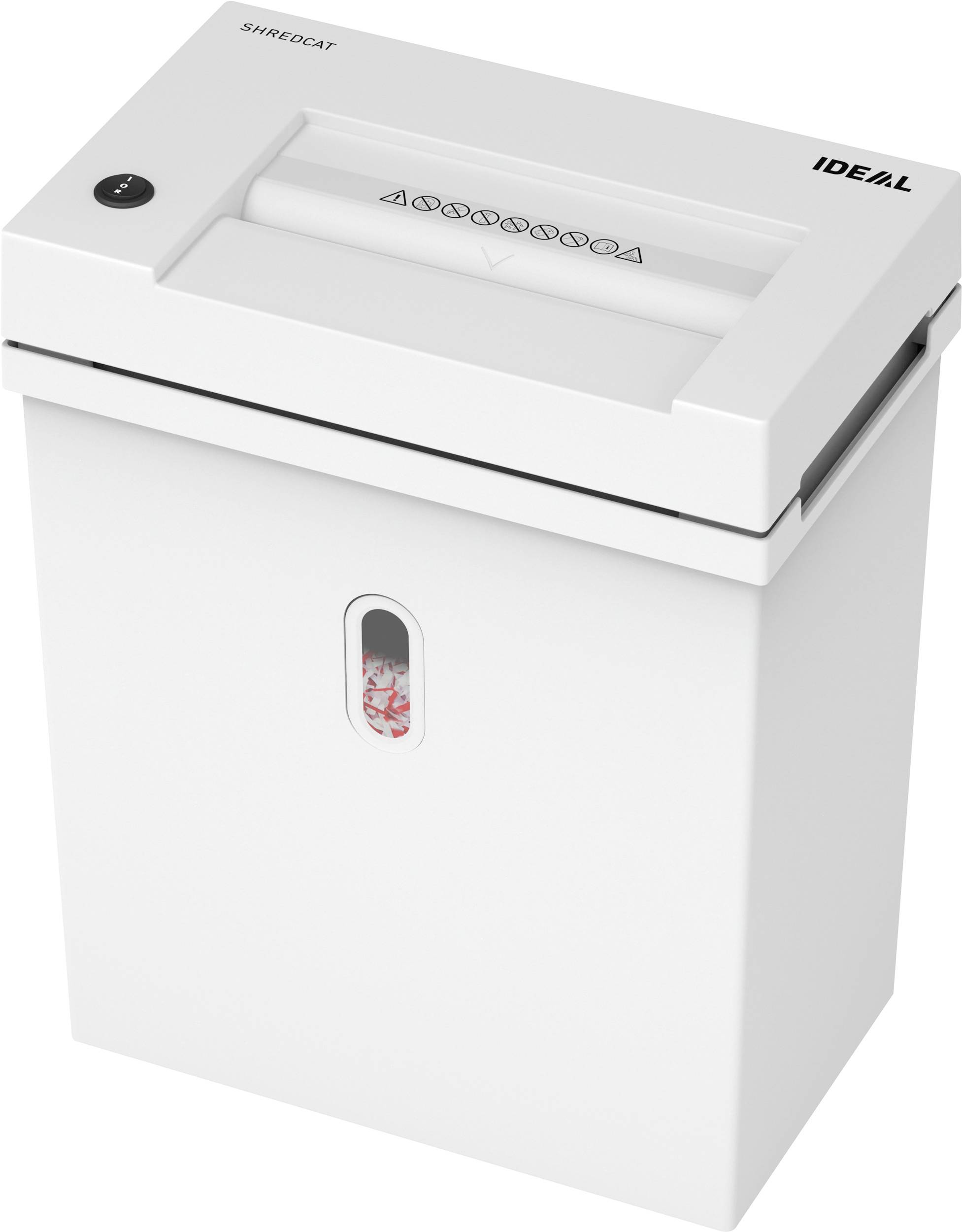 A white paper shredder with a rectangular housing and a front viewing window, partially filled with shredded paper.