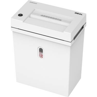 A white paper shredder with a rectangular housing and a front viewing window, partially filled with shredded paper.