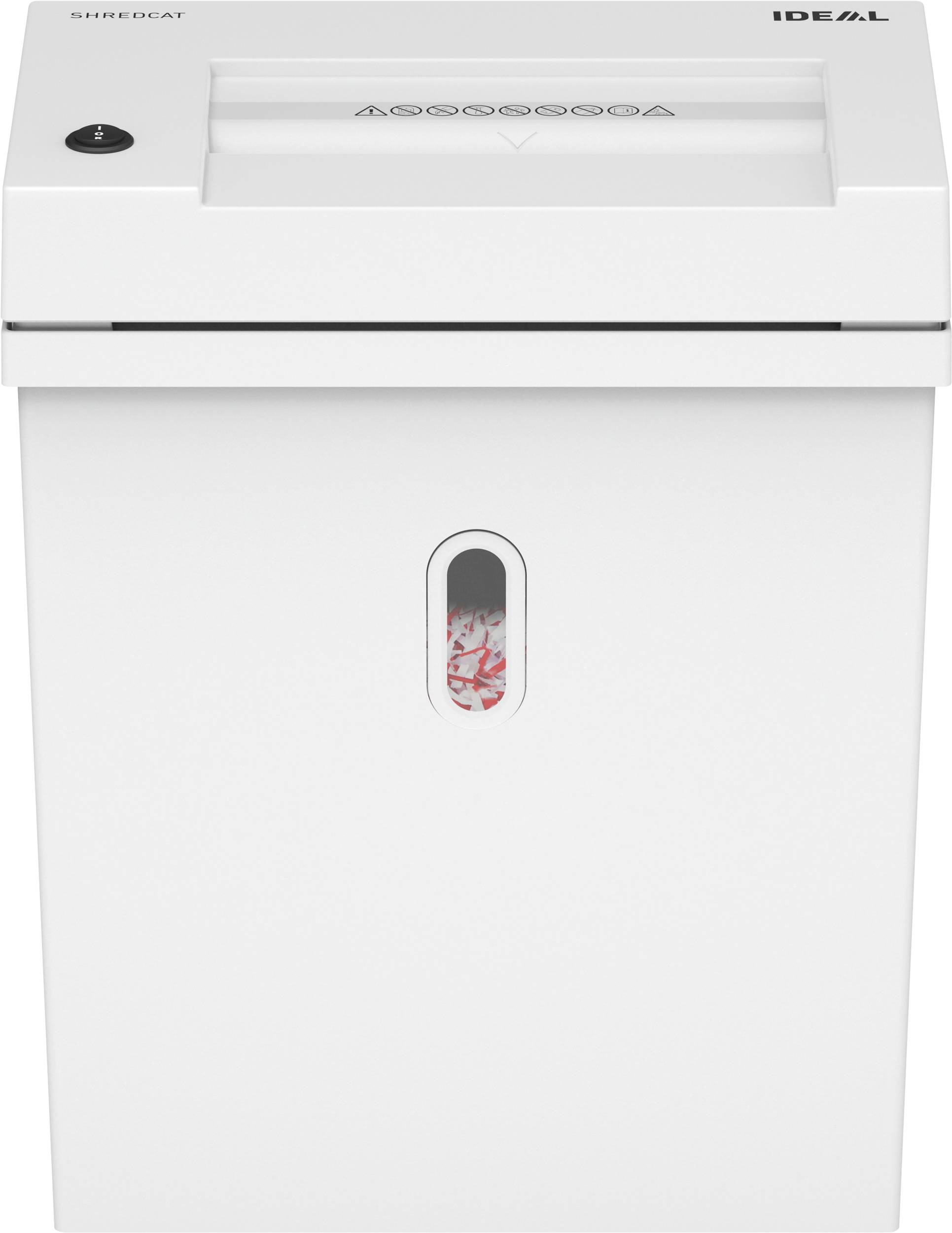 A white paper shredder, brand 'IDEAL', is shredding paper. The viewing window shows shredded pieces inside the container.