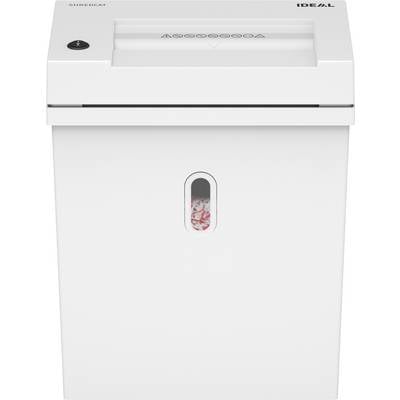A white paper shredder, brand 'IDEAL', is shredding paper. The viewing window shows shredded pieces inside the container.