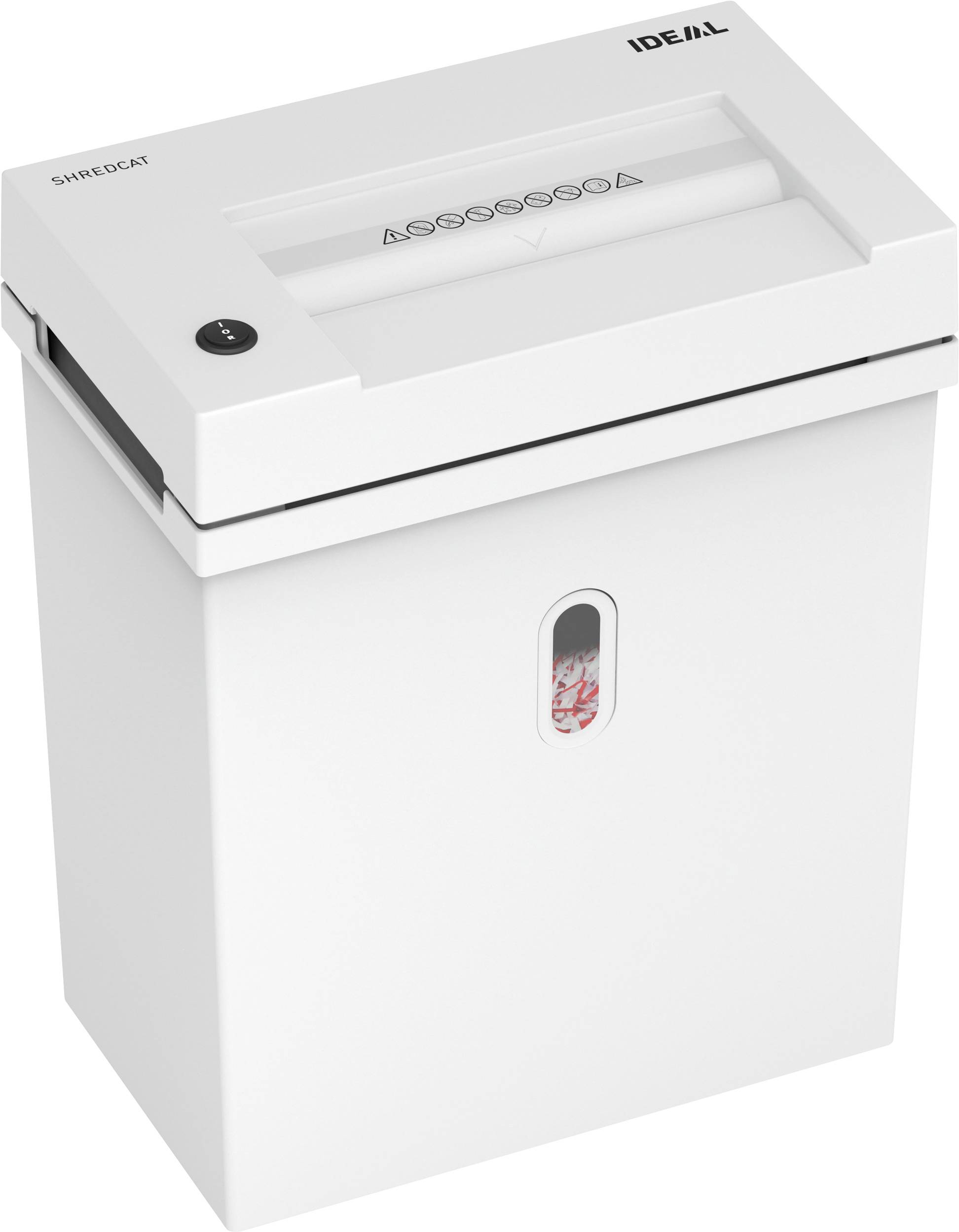 A white paper shredder with a transparent window indicates the fill level. Buttons and symbols for operation are located at the top.