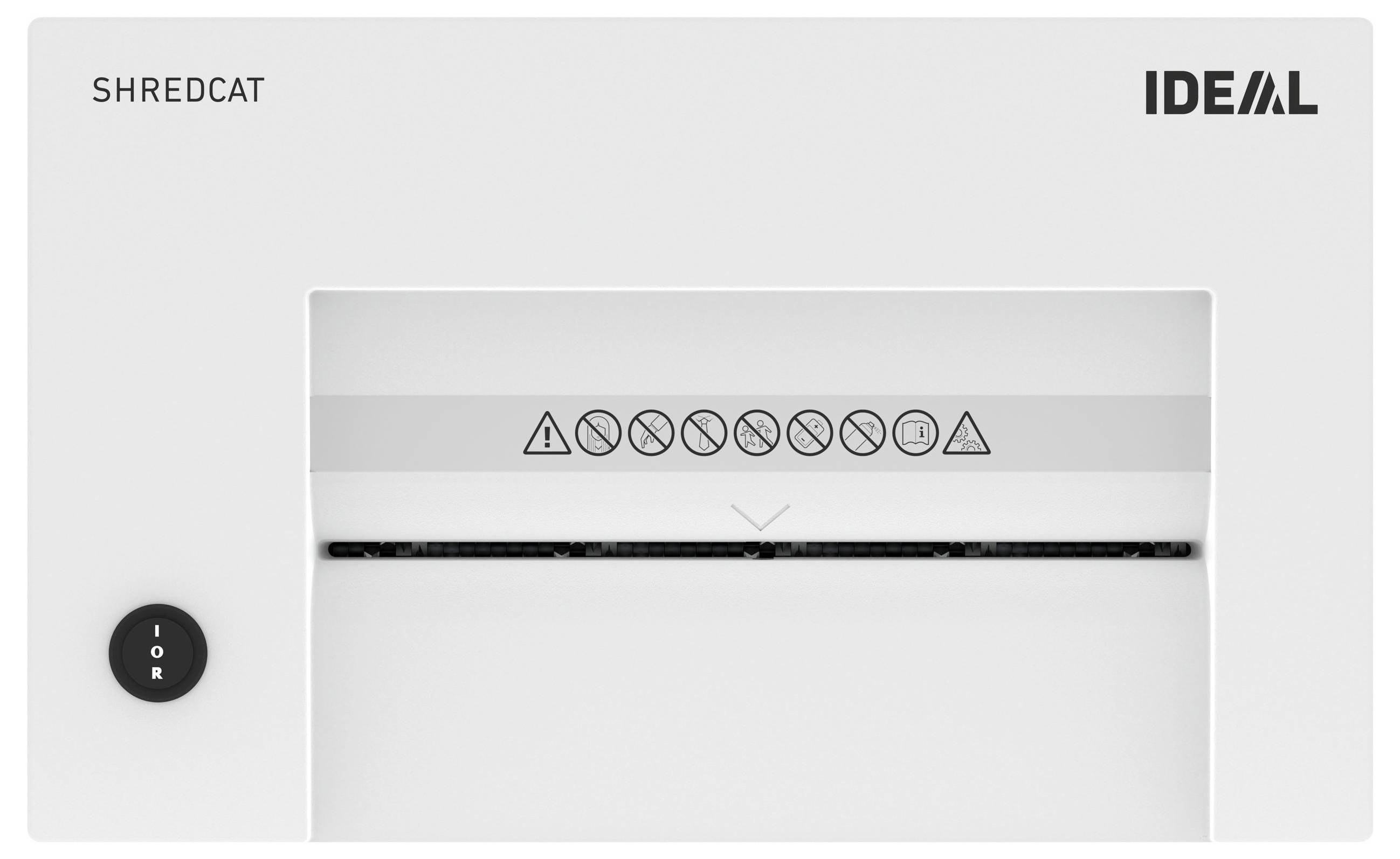 'IDEAL' Shredder design with brand name top right, model 'SHREDCAT' on the left. Safety and usage symbols positioned centrally.