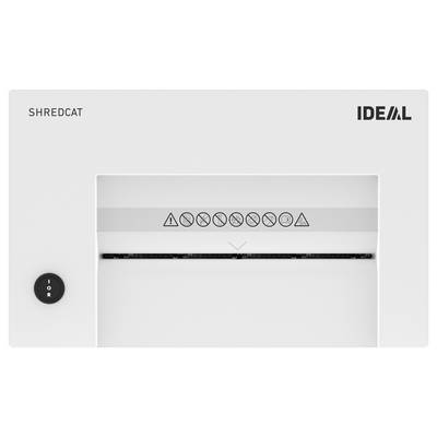 'IDEAL' Shredder design with brand name top right, model 'SHREDCAT' on the left. Safety and usage symbols positioned centrally.