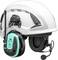 Safety helmet with integrated hearing protection and microphone, suitable for work in noisy environments. White helmet with teal ear defenders.